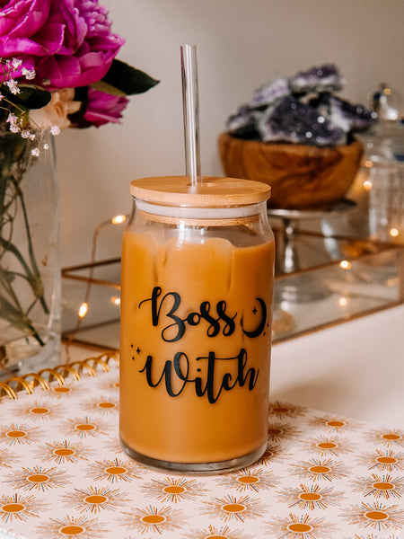 "Boss Witch" Glass With Lid & Straw
