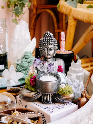 Sitting Buddha Candle Holder With Crystals and Faux Succulents