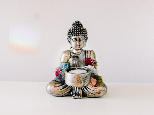 Sitting Buddha Candle Holder With Crystals and Faux Succulents