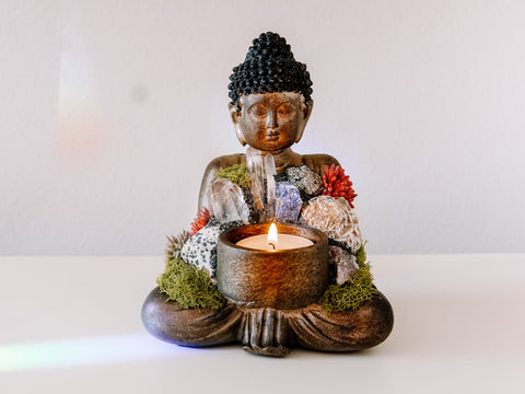 Sitting Buddha Candle Holder With Crystals and Faux Succulents