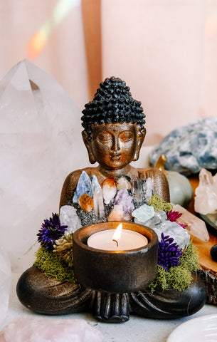 Sitting Buddha Candle Holder With Crystals and Faux Succulents