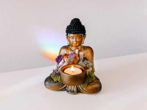 Sitting Buddha Candle Holder With Crystals and Faux Succulents