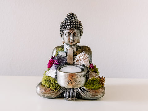 Sitting Buddha Candle Holder With Crystals and Faux Succulents