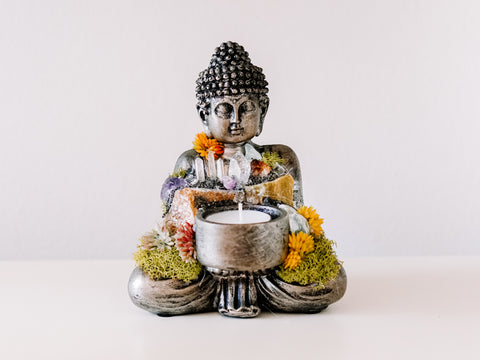 Sitting Buddha Candle Holder With Crystals and Faux Succulents