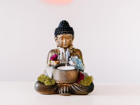 Sitting Buddha Candle Holder With Crystals and Faux Succulents