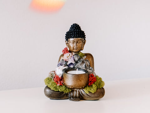 Sitting Buddha Candle Holder With Crystals and Faux Succulents