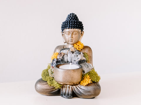 Sitting Buddha Candle Holder With Crystals and Faux Succulents