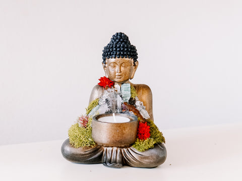 Sitting Buddha Candle Holder With Crystals and Faux Succulents