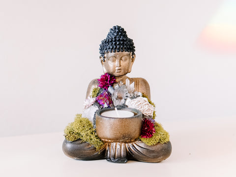 Sitting Buddha Candle Holder With Crystals and Faux Succulents