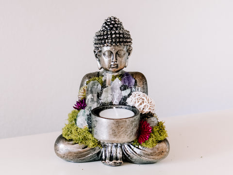 Sitting Buddha Candle Holder With Crystals and Faux Succulents