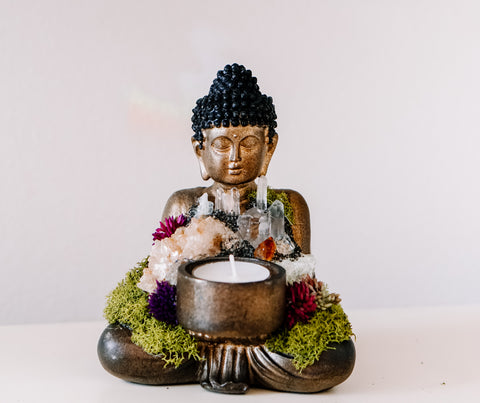 Sitting Buddha Candle Holder With Crystals and Faux Succulents