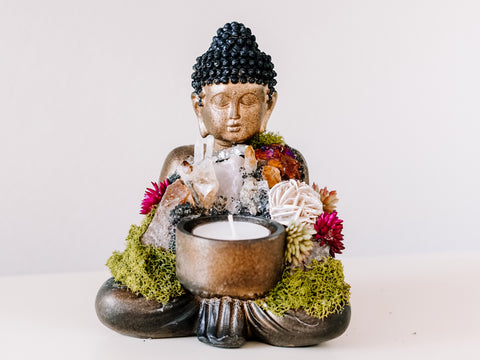 Sitting Buddha Candle Holder With Crystals and Faux Succulents