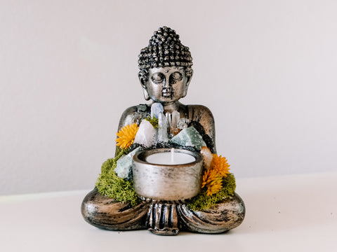 Sitting Buddha Candle Holder With Crystals and Faux Succulents