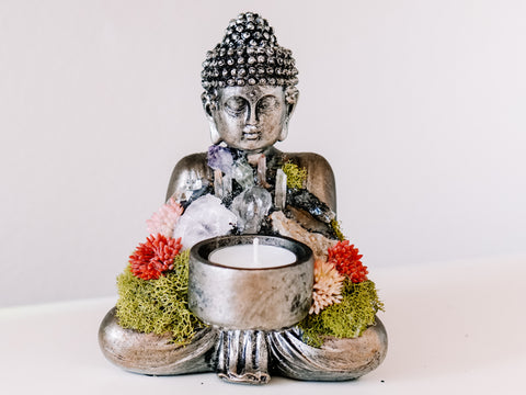 Sitting Buddha Candle Holder With Crystals and Faux Succulents