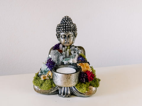 Sitting Buddha Candle Holder With Crystals and Faux Succulents