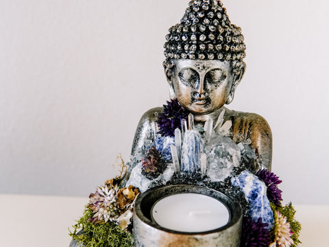 Sitting Buddha Candle Holder With Crystals and Faux Succulents