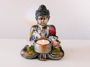 Sitting Buddha Candle Holder With Crystals and Faux Succulents