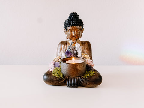 Sitting Buddha Candle Holder With Crystals and Faux Succulents