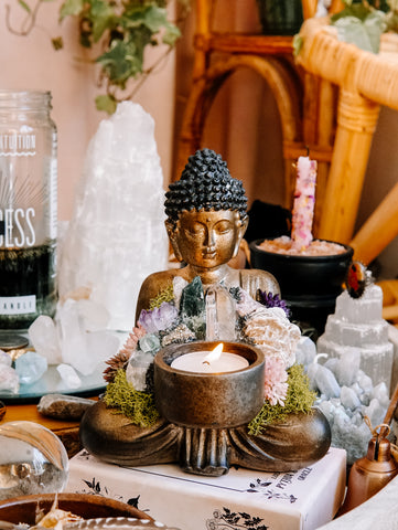 Sitting Buddha Candle Holder With Crystals and Faux Succulents