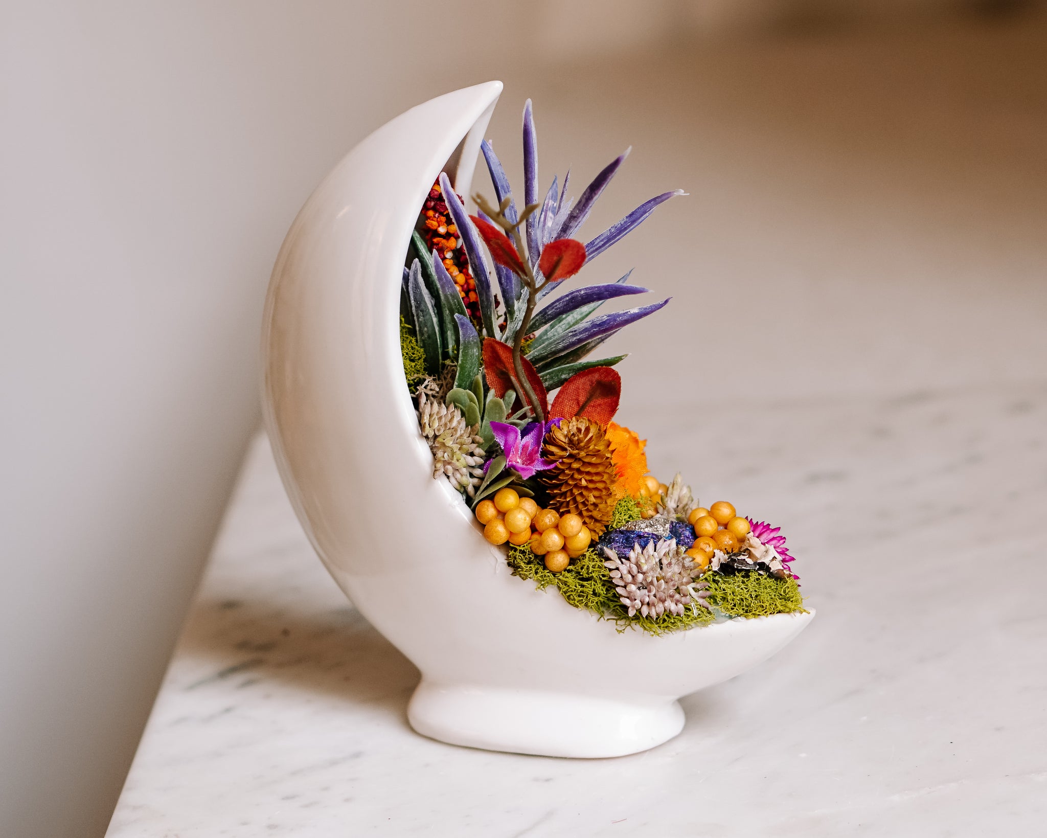crescent succulents Crescent Moon Planter With Faux Succulents – Twig And Stone