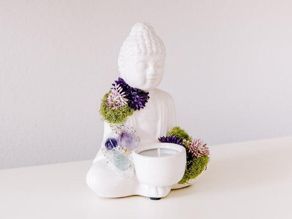 White Ceramic Buddha Candle Holder With Crystals and Faux Succulents