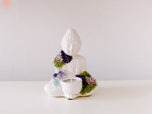 White Ceramic Buddha Candle Holder With Crystals and Faux Succulents
