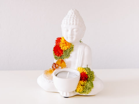 White Ceramic Buddha Candle Holder With Crystals and Faux Succulents