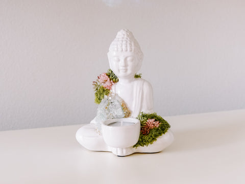 White Ceramic Buddha Candle Holder With Crystals and Faux Succulents