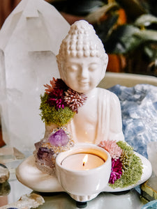 White Ceramic Buddha Candle Holder With Crystals and Faux Succulents