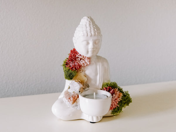 White Ceramic Buddha Candle Holder With Crystals and Faux Succulents