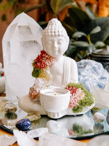 White Ceramic Buddha Candle Holder With Crystals and Faux Succulents