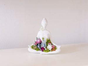 White Ceramic Yoga Pose Figurine With Crystals and Faux Succulents