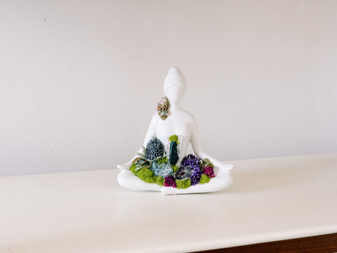 White Ceramic Yoga Pose Figurine With Crystals and Faux Succulents