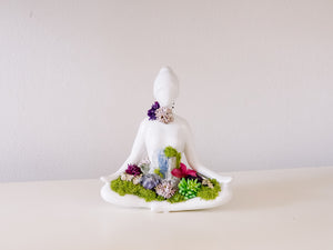 White Ceramic Yoga Pose Figurine With Crystals and Faux Succulents