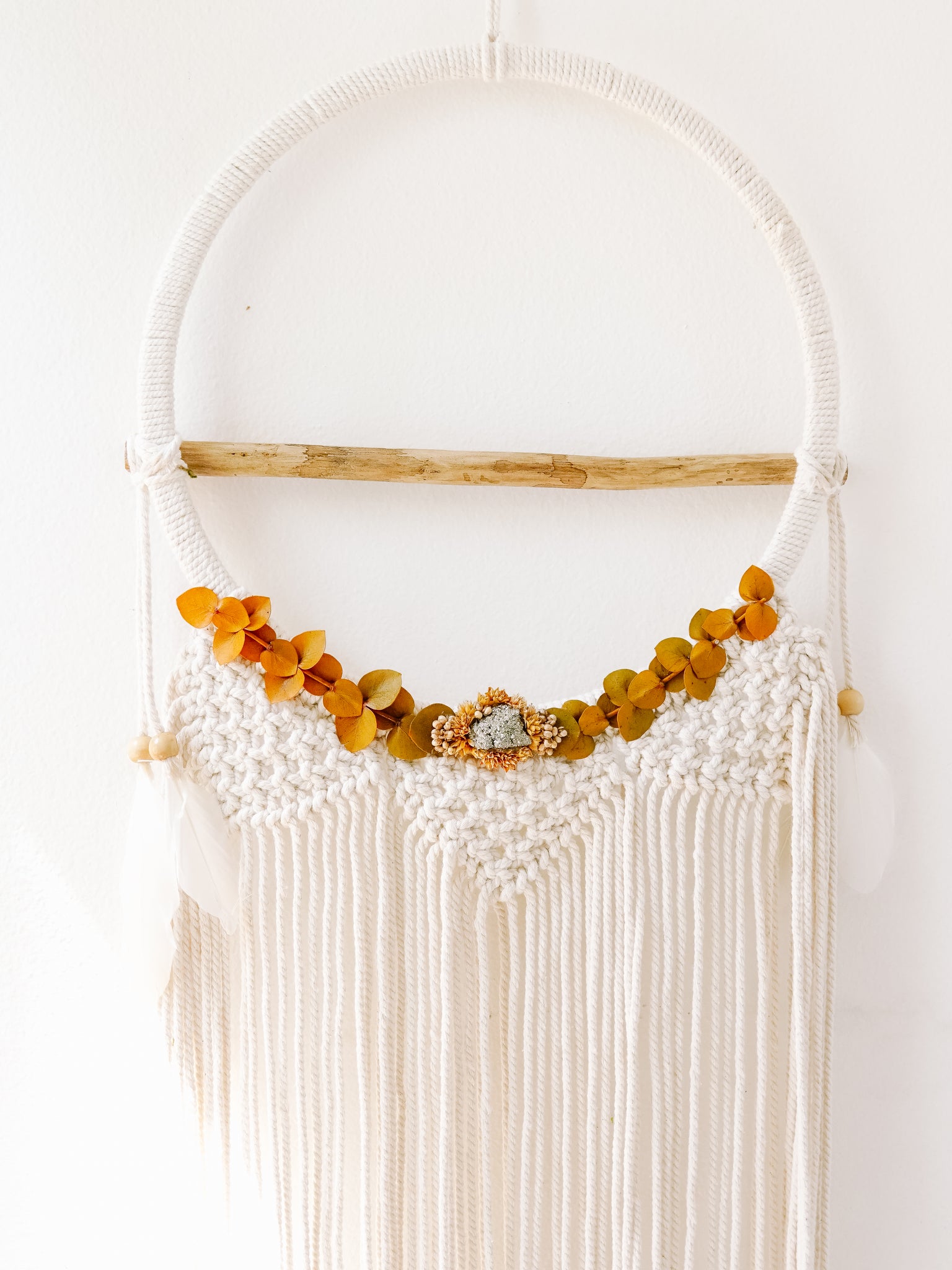 Macrame Wall Hang With Dried Florals & Pyrite