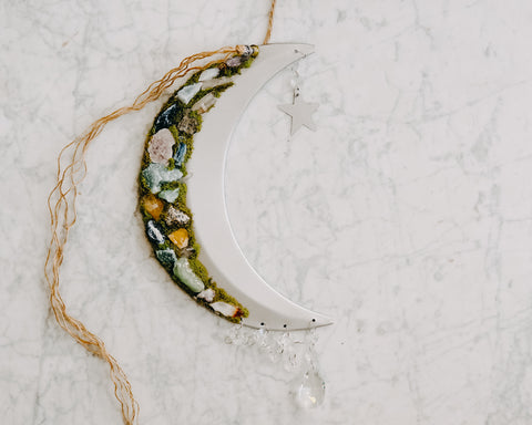 Mixed Crystal Adorned Crescent Moon Wall Hanging