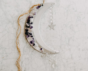 Amethyst & White Sand Adorned Crescent Moon Wall Hanging