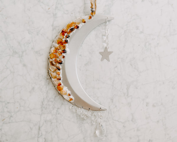 Citrine & White Sand Adorned Crescent Moon Wall Hanging