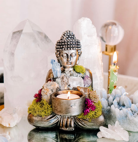 Sitting Buddha Candle Holder With Crystals and Faux Succulents