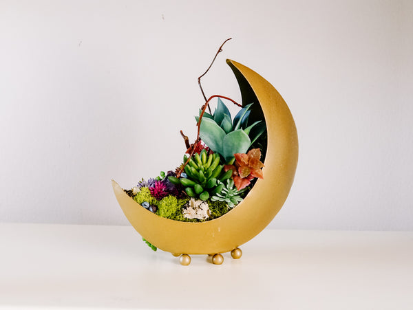 Mini Golden Crescent Moon Planter With Faux Succulents