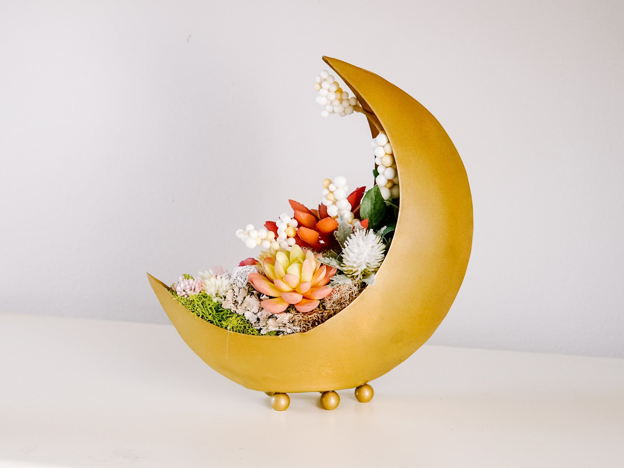 Mini Golden Crescent Moon Planter With Faux Succulents