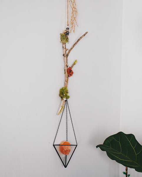 Hanging Crystal Holder With Faux Succulents & Driftwood
