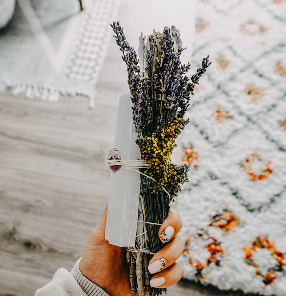 Large Sage Wand With Selenite, Lavender, & Wildflowers