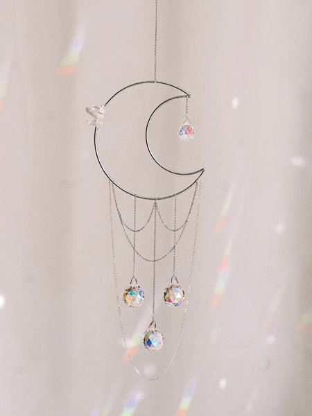 Silver 4 Prism Crescent Moon Rainbow Maker With Aura Quartz (customizable!)