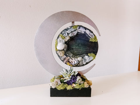 Crescent Moon With Crystals and Faux Succulents