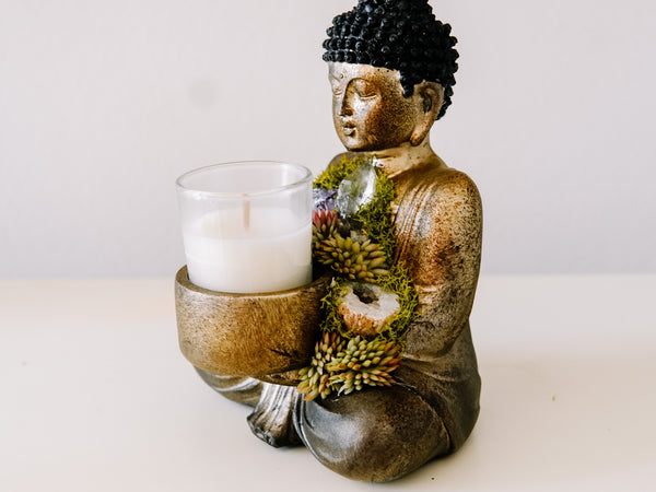 Sitting Buddha Candle Holder With Crystals and Faux Succulents