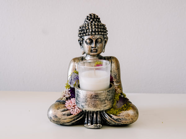 Sitting Buddha Candle Holder With Crystals and Faux Succulents
