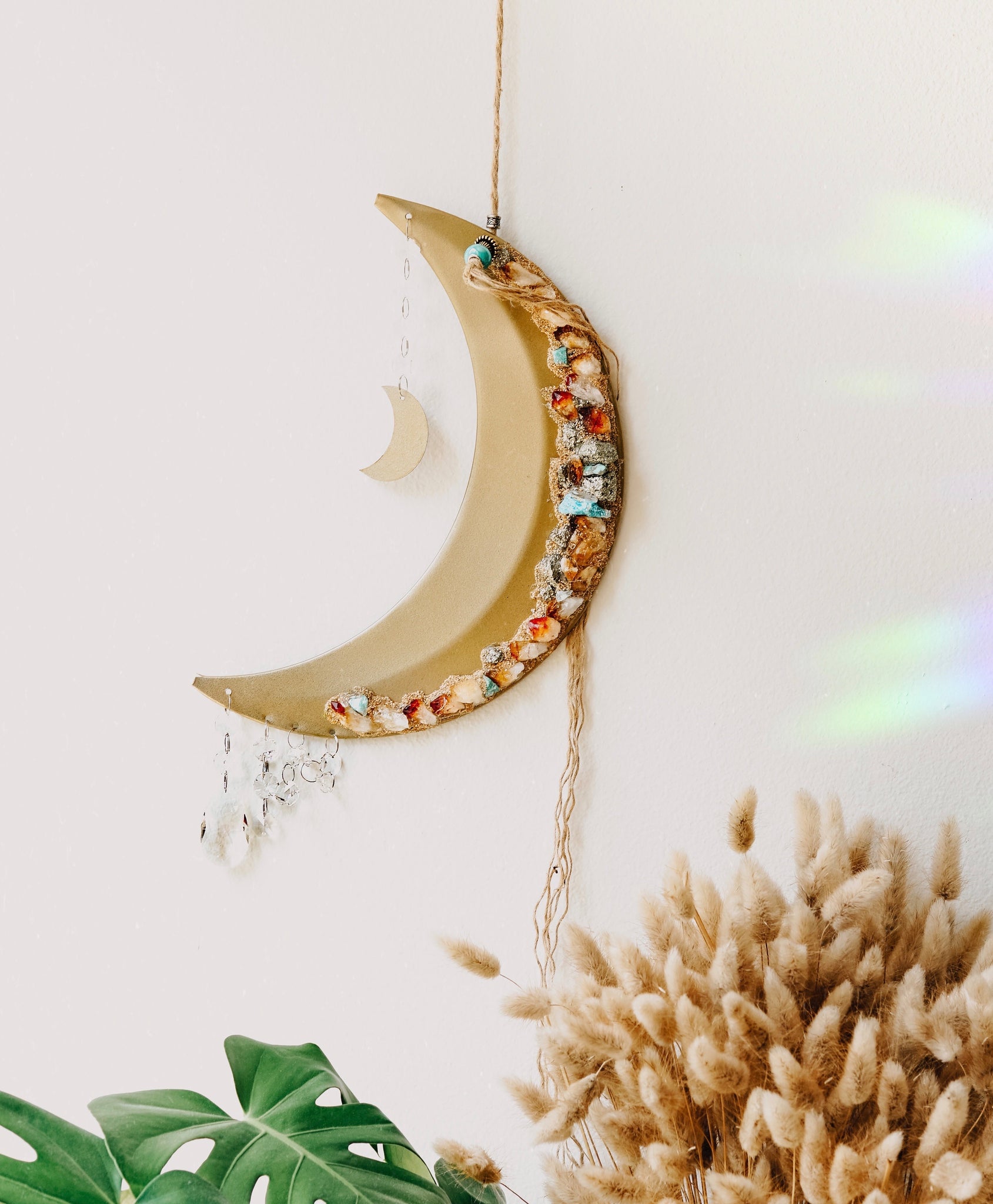 Mixed Crystal Crescent Moon Wall Hanging