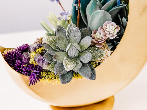 Mini Golden Crescent Moon Planter With Faux Succulents