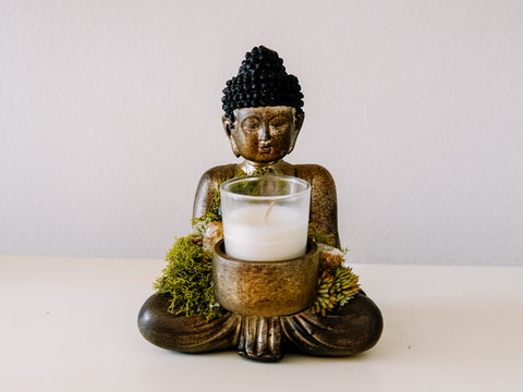 Sitting Buddha Candle Holder With Crystals and Faux Succulents